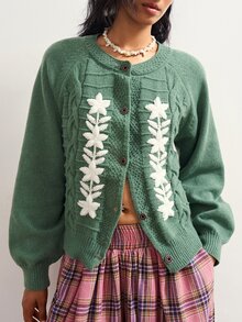 Bohemela Women's Applique Raglan Long Sleeve Casual Knit Cardigan - Green - View 5