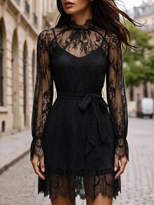 Editum Women's Lace Patchwork Pleated Sexy Date & Casual Dress - Black - View 6