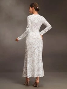 Cheriluna Maternity Maternity Lace Print Round Neck Long Sleeve Fitted Elegant Dress - Multicolor - View 2