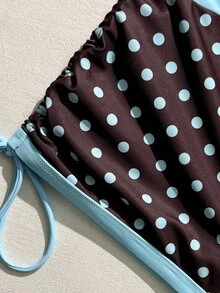 Bonvoyette Women's Summer Beach Vacation Blue And Brown Polka-Dot Print Layered Bikini Set,2-In-1 Bikini Top And Drawstring Beach Shorts - Multicolor - View 7