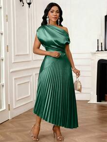SHEIN Lady Plus Size Elegant One Shoulder Pleated Elegant Dress - Green - View 4