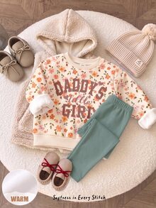 柔霧綠色可愛甜美字母「Daddy's Girl」❤ 波希米亞柔美花卉圖案，少女休閒舒適寬鬆圓領衛衣＋內搭褲2件套，適合秋冬日常、校園、親子、姊妹穿搭，秋意氛圍，新季節新風格新套裝 - 彩色 - 查看 3