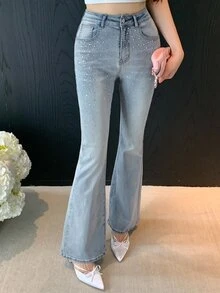 DAZY Women's Casual Daily Flare Jeans With Pocket, Button And Rhinestone Embellishments - Blue - View 5