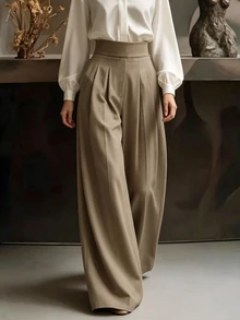 Trelyra Women's Casual Daily Commute Solid Color Loose Wide Leg Pants, All-Season Versatile Minimalist Style Low-Key Luxury With Belt Sweatpants, Autumn/Winter - Mocha Brown - View 3