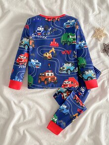 SHEIN 2件組秋冬男童幼兒貼身睡衣套裝，可愛卡通酷車挖掘機工程車印花，柔軟舒適高彈力長袖褲兩件式居家服 - 藍色 - 查看 3