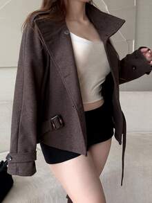 Vibekara Women's Autumn/Winter High Neck Cinched Waist Waist Overcoat, Double-Breasted, Lapel Collar - Coffee Brown - View 7