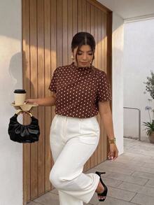 Firerie Áo sơ mi tay ngắn size lớn vải họa tiết chấm bi phong cách retro thường ngày - màu nâu - Xem 1