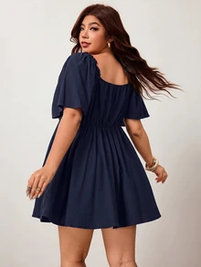 Enliva Plus Size Women's Spring/Summer New Casual Daily Outfit, Suitable For Party, Date, Birthday, Music Festival, Back To School, Commute, Vacation And Other Occasions, Ruffle Short Sleeve Dress, Cold Shoulder Design, Soft Cotton Blend Fabric, Loose Fit, Short Length, Black, Plus Size Available - Navy Blue - View 2