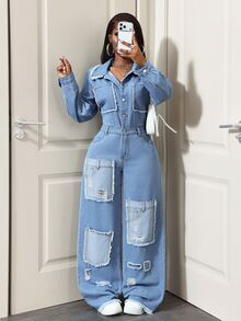 BamGleam Festival Standard Size Women's Blue Non-Stretch Distressed Patchwork Long Sleeve Denim Jumpsuit - Light Wash - View 8