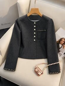 GlowEve CURVE Plus Size Women's French Style Round Neck Short Jacket, Dark Grey Pearl Button Loose Fit, Cuff And Pocket Trim Design, Autumn/Winter Minimalist Commuter Versatile Premium Look - Dark Grey - View 6