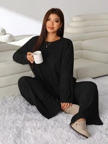 Solflare Plus Size Autumn Casual Solid Color Top And Pants 2 Pieces Set - Black - View 7