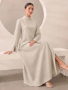 Al Najma Women's Long Elegant Casual Daily Robe With Waist Cinched And Split Hem - Apricot - View 3