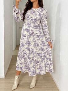 SHEIN 孕婦哺乳花卉印花時尚洋裝 - 紫色 - 查看 5