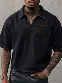 AXEPEAK 男士大尺碼休閒翻領牛仔襯衫，適合日常穿著與旅行的多功能款式 - 黑色 - 查看 7