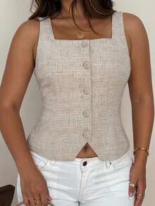 Dazy Plus Solid Color Fitted Square Neck Sleeveless Vest Elegant Vacation Top - Apricot - View 3