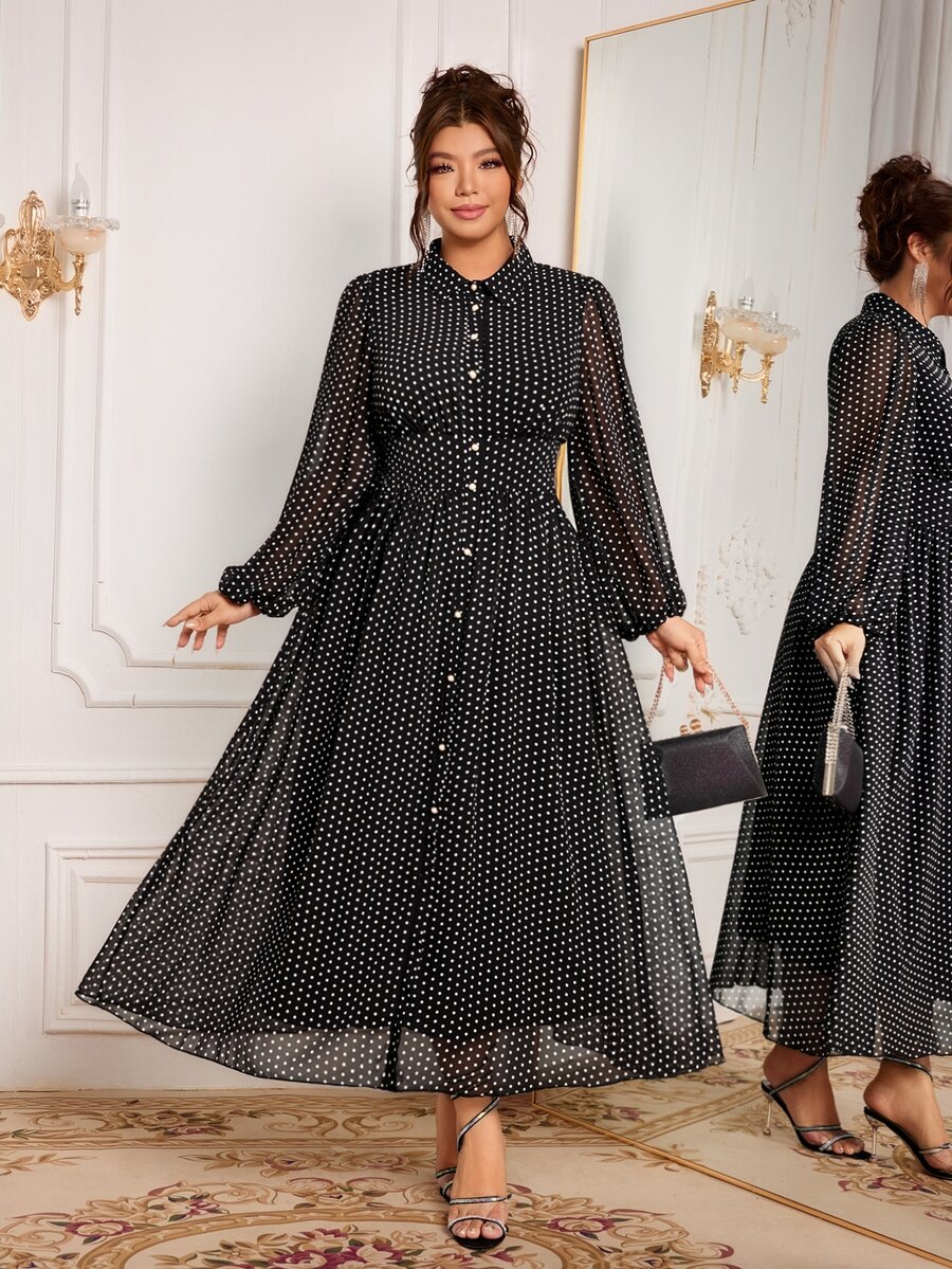 Modelyn Elegant Polka Dot Print Long Sleeve Cinched Waist A-Line Regular Fit Plus Size Dress For Spring And Autumn - Black - View 1