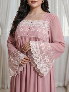 Al Najma Plus Size Women's French Embroidery Arabic Style Dress - Pink - View 1