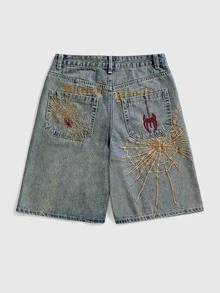 ROMWE Grunge Punk 夏季復古中性街頭龐克蜘蛛網刺繡寬鬆寬腿女款牛仔中長褲 - 中等水洗藍 - 查看 1