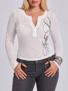 ROMWE Plus Size Y2K Street Style Casual Classic Distressed Slogan Script Print Semi-Sheer Textured Slim Fit Henley Collar Long Sleeve Modal T-Shirt - White - View 9