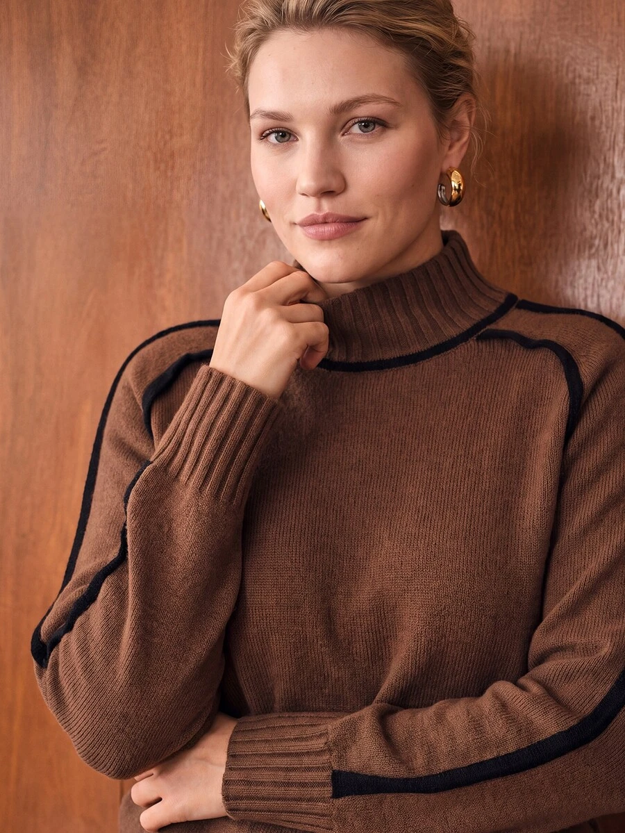 MOTF PREMIUM PLUS SIZE AUTUMN/WINTER FASHION CONTRAST TRIM SWEATER - Brown - View 2