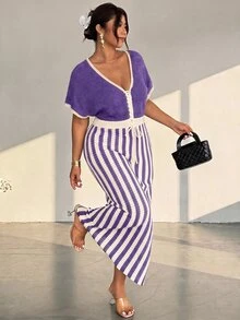 Firerie Plus Size Vintage Vacation Drawstring Tie Contrast Color Knit Dress - Purple - View 6