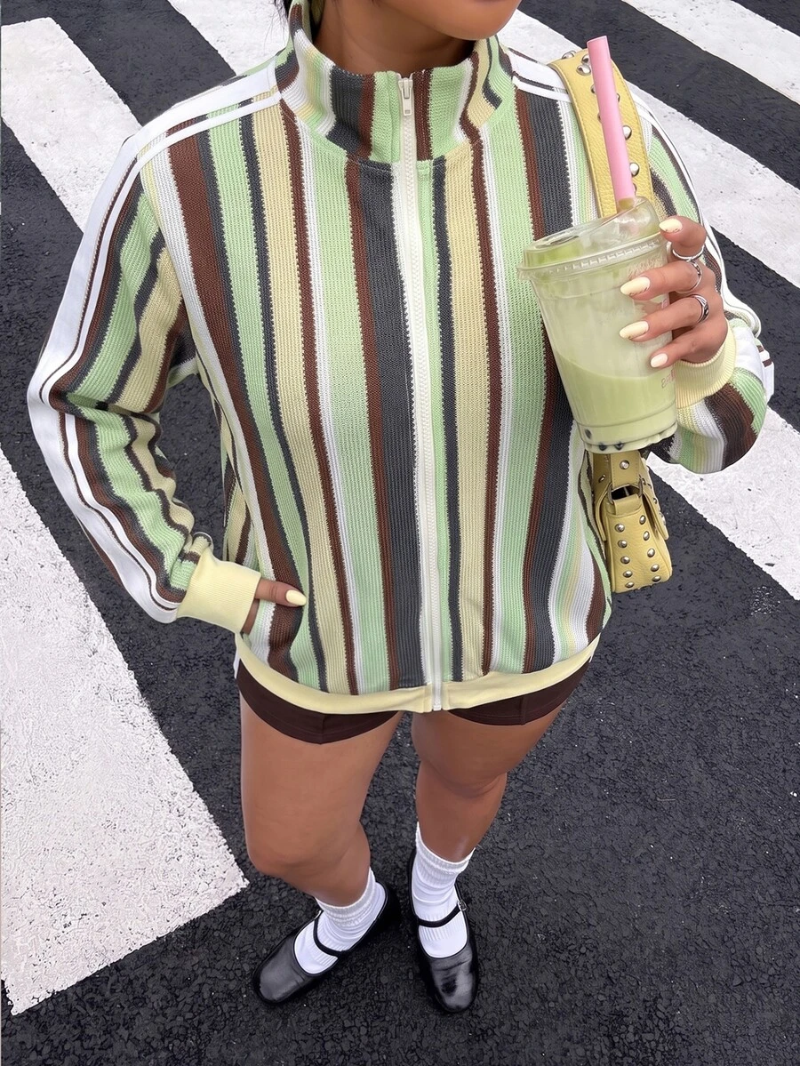 Muchica Plus Size Women's Colorblock Zipper Long Sleeve Top And Shorts 2 Pieces Set Fall - Multicolor - View 1