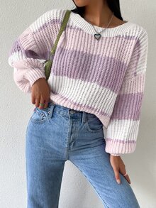 SHEIN 女款拼色圓領落肩長袖休閒套頭針織衫 - 彩色 - 查看 6