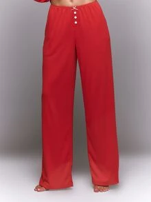 MUSERA Pointelle Bow Button Down Detail Loose Fit Pajama Coord Bottoms Pajama Christmas Winter Autumn Fall Santa Baby - Red - View 2