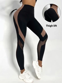 SHEIN PariChic Legging Olahraga Tanpa Jahitan Pinggang Tinggi dengan Motif Jala dan Patchwork - MultiWarna - View 2