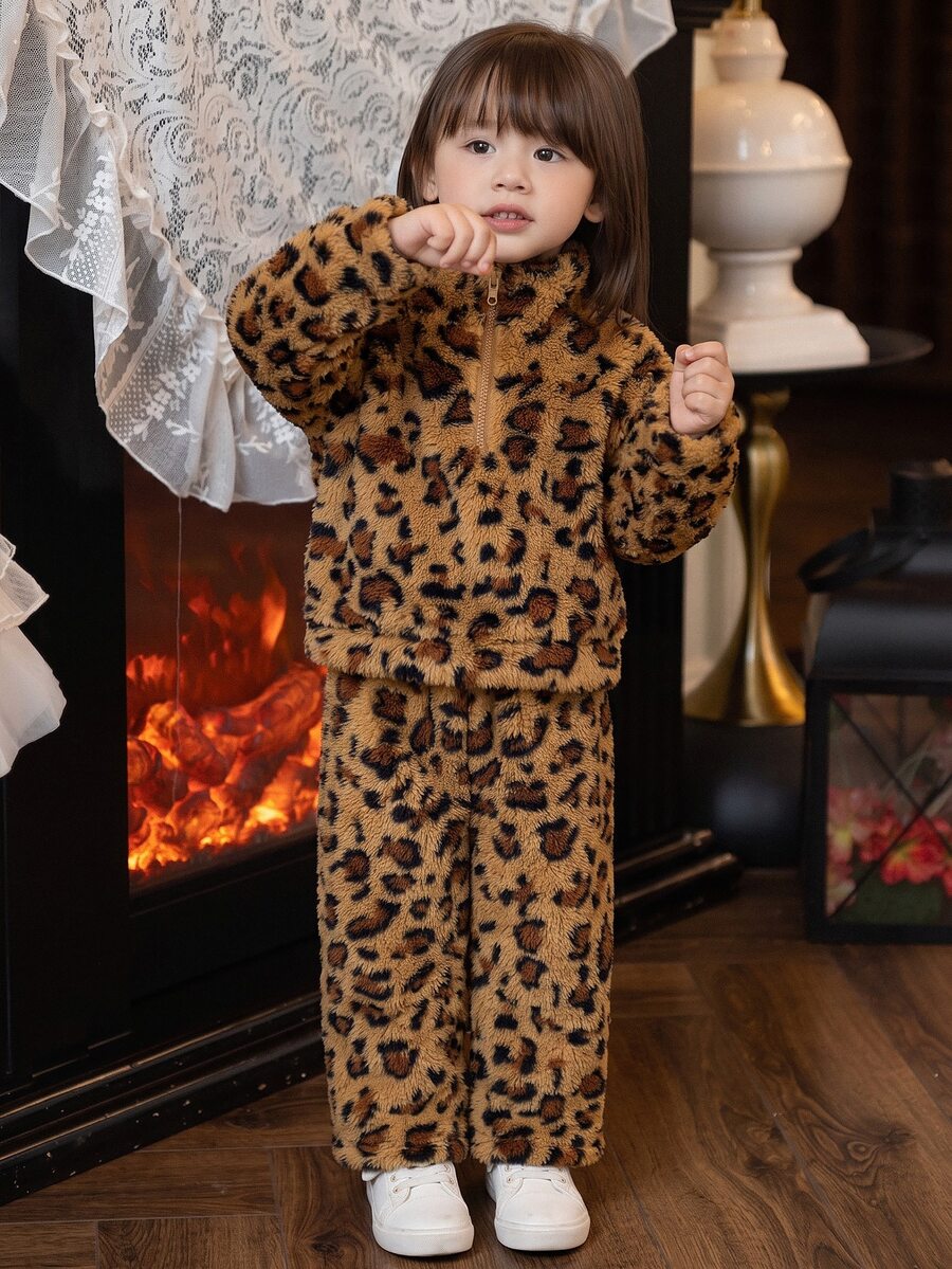 SHEIN Baby GirlAutumn/Winter Cute Leopard Print Fuzzy Sweatshirt & Elastic Waist Long Pants Set - Brown - View 1