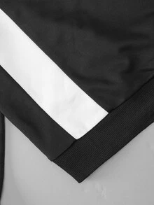 SHEIN 2件組 男士青少年休閒街頭風 白色對比色條紋設計字母印花 寬鬆直筒長褲與運動衫套裝，秋季 - 黑色 - 查看 6