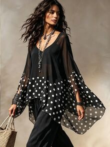 SHEIN New Women's Patchwork Polka Dot Pattern Versatile Slimming Loose Fit Blouse - Black and White - View 4