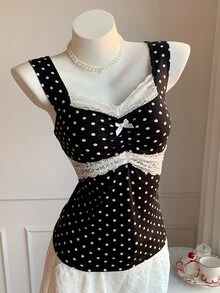 CovetEZ Women's Contrast Lace Bowknot Decor Polka Dot Print Tank Top - Black and White - View 3