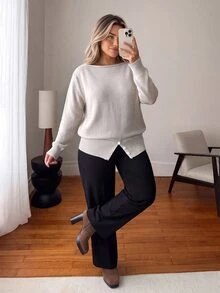 Vionelle Plus Size Fashion Beige Round Neck Long Sleeve Pullover Sweater With Split Hem Design, Casual Versatile Commute Work Life Autumn/Winter Top - Apricot - View 6