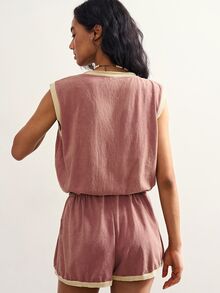 Bohemela Women's Contrast Trim Drawstring Waist Romper - Dusty Pink - View 7
