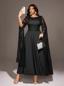 Viva Relle Plus Size Black Lace Cape Sleeve Spliced Chiffon Cinched Waist Long Evening Formal Night Dress Autumn Halloween Goth Elegant - Black - View 4