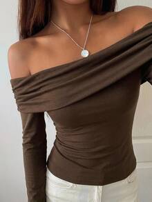 DAZY Autumn Coffee Brown Off-Shoulder Ruched Long Sleeve Fitted Solid Color Versatile Women's T-Shirt - Coffee Brown - View 6