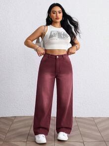 Jeanoix Y2K Plus Size Women Non-Stretch Denim Jeans, Ancara Red Washed Design Casual Fashion Straight Leg Denim Pants, Cowboy For Women - Red - View 3