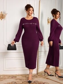 Modelyn Plus Size Fashion Vintage Rhinestone Long Sleeve Sweater Dress - Red Violet - View 5