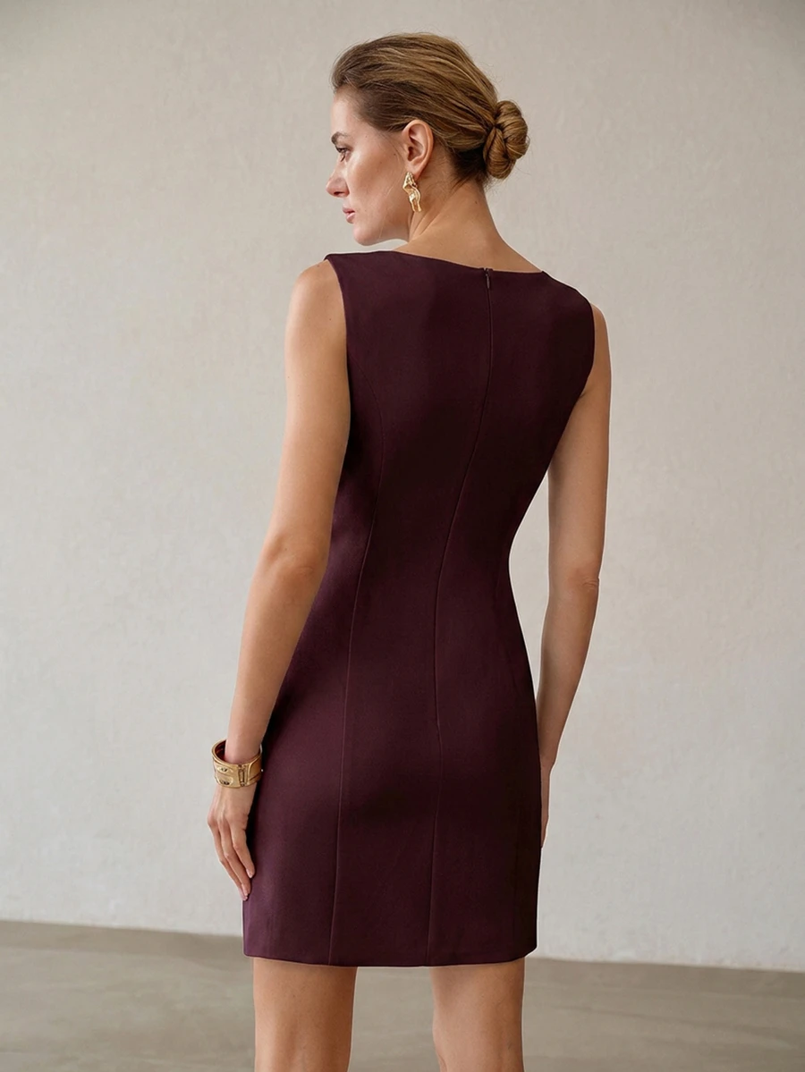 MOTF PREMIUM CONTRAST STRIPED PATTERN NOTCH NECK SLEEVELESS SHORT DRESS - Red Violet - View 2