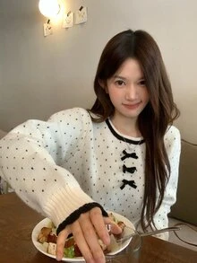 DAZY Cream White Round Neck Black Polka Dot Bow Decor Contrast Trim Loose Long Sleeve Sweet Knit Sweater - White - View 1