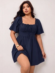 Enliva Plus Size Women's Spring/Summer New Casual Daily Outfit, Suitable For Party, Date, Birthday, Music Festival, Back To School, Commute, Vacation And Other Occasions, Ruffle Short Sleeve Dress, Cold Shoulder Design, Soft Cotton Blend Fabric, Loose Fit, Short Length, Black, Plus Size Available - Navy Blue - View 4