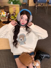 DAZY Women's Round Neck Cartoon Dog Headscarf Korean Style Spring Summer Short Sleeve T-Shirt Fall - Grey - View 5