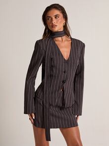 SHEIN BAE Women's Striped Single-Breasted Long Sleeve Jacket And Skirt Suit Set - Brown - View 5