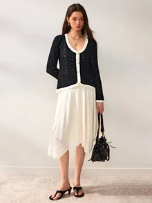 Willow Rêve Women's Black Fitted Cardigan, Cable Knit Hollow Out, Contrast Crochet Trim And Pearl Button Design, Western Romantic Style, Suitable For Autumn Wedding And Party Wear - Black and White - View 3