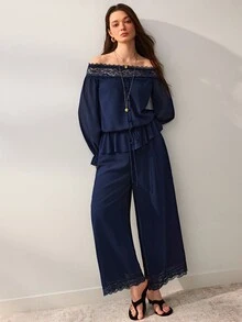 Willow Rêve Women's Navy Blue Wide Leg Jumpsuit, Floral Lace Trim Craftsmanship, Cold Shoulder, Front Button, Ruffle & Cinched Waist Design, Summer Western Romantic Style, Suitable For Party Wear - Blue - View 1