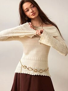 Willow Rêve Women's Ivory White Slim Fit Knitted Top, Hollow Knit Off-Shoulder Flare Sleeve Geometric Pattern Design, Western Bohemian Romantic Pastoral Style; Suitable For Autumn Date Night Wear - Cream - View 5