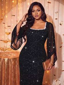 Fleurora Plus Size Exquisite Sequin & Faux Pearl Decorated Dress - Black - View 6