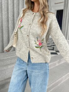 Pariaura Autumn/Winter New Floral Embroidered 3D Flower Design Long Sleeve Cardigan Sweater - Multicolor - View 4