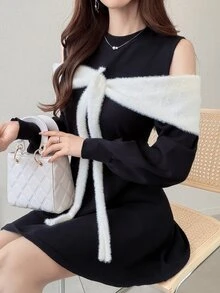 FRIFUL Gaun Rajut Elegan Lengan Panjang Model Colorblock untuk Wanita, Cocok untuk Musim Gugur. - Hitam - View 2